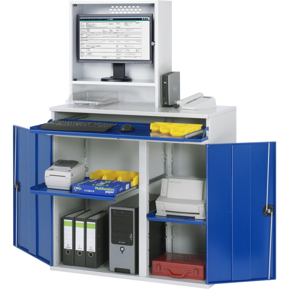 RAU Computer-Schrank, Monitorgehäuse, Tastaturauszug, Doppel-Flügeltür, Monitorfach Tiefe 230, 2 x Auszugstablar, stationär