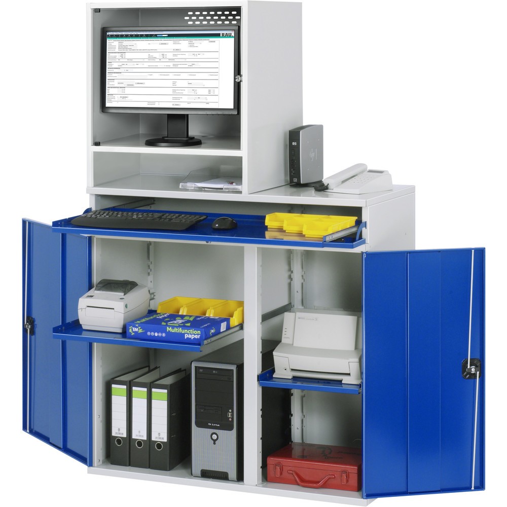 RAU Computer-Schrank, Monitorgehäuse, Tastaturauszug, Doppel-Flügeltür, Monitorfach Tiefe 500, 2 x Auszugstablar, stationär