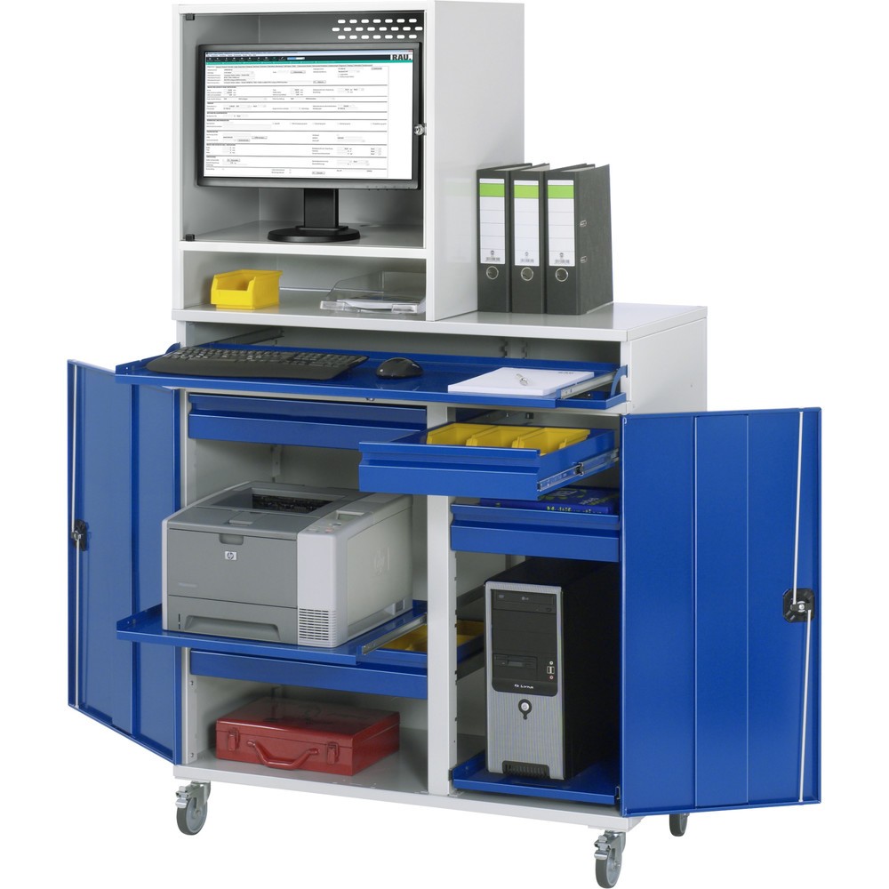 RAU mobiler Computer-Schrank, Monitorgehäuse, Tastaturauszug, Doppel-Flügeltür, Schubladenanzahl x H x B: 4 x 80 x 450-650 mm