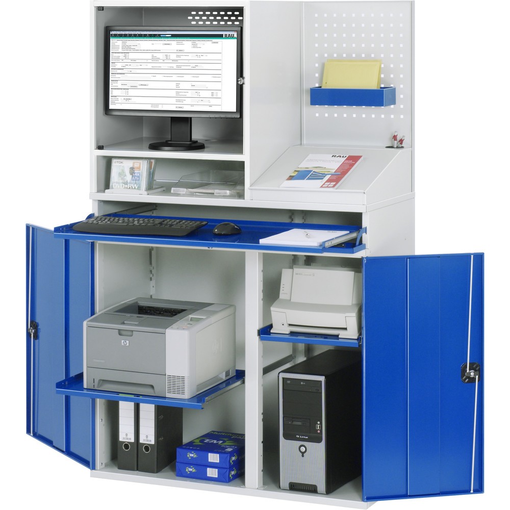 RAU Computer-Schrank, Monitorgehäuse, Tastaturauszug, Lochplattenrückwand, Doppel-Flügeltür, stationär