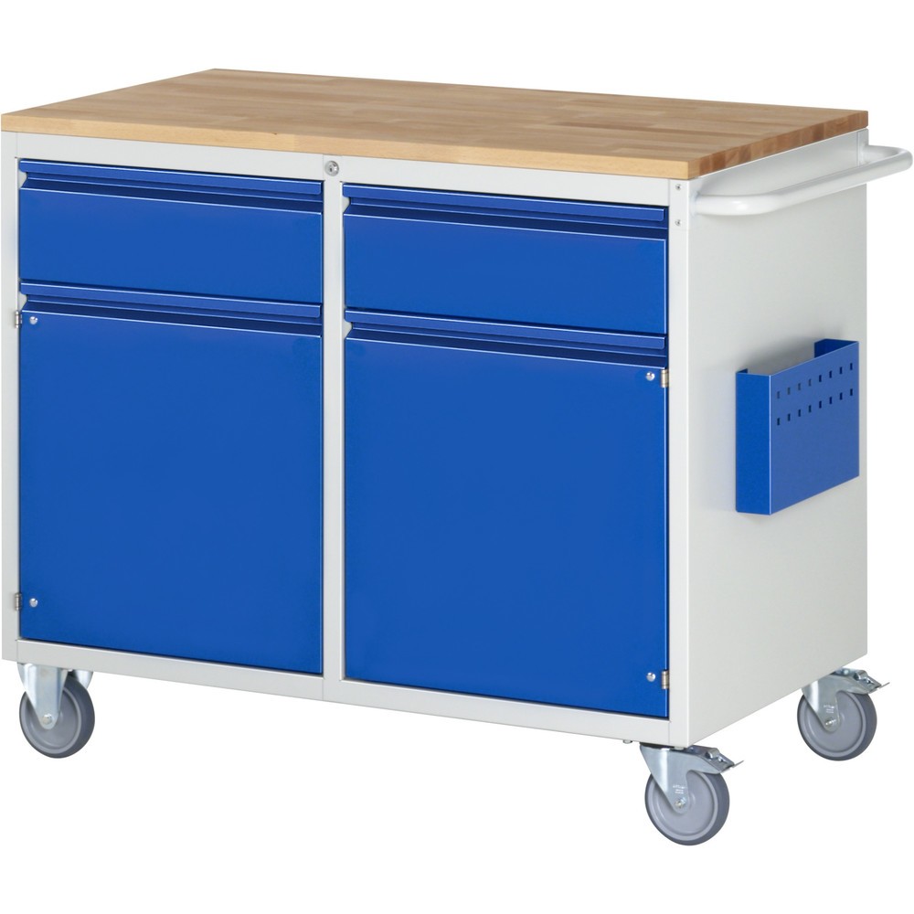 RAU Werkstattwagen Serie 7000, HxBxT 975 x 1.145 x 650 mm, 2 Flügeltüren, 2 x 90%-Auszug-Schubladen 2 x 180 mm, Arbeitsplatte Buche, Griffleiste