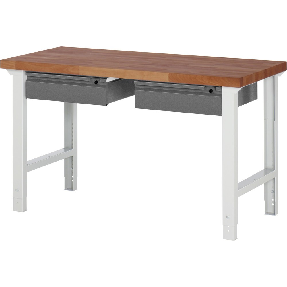 RAU Werkbank Serie 7000, Rotbuche-Massiv-Arbeitsplatte, 2 Schubladen, HxBxT 790-1.140 x 1.500 x 700 mm, 2 Schubladen
