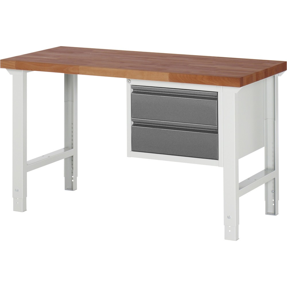 RAU Werkbank Serie 7000, Rotbuche-Massiv-Arbeitsplatte, 1 Container, HxBxT 790-1.140 x 1.500 x 700 mm, 2 Schubladen 2 x 180 mm