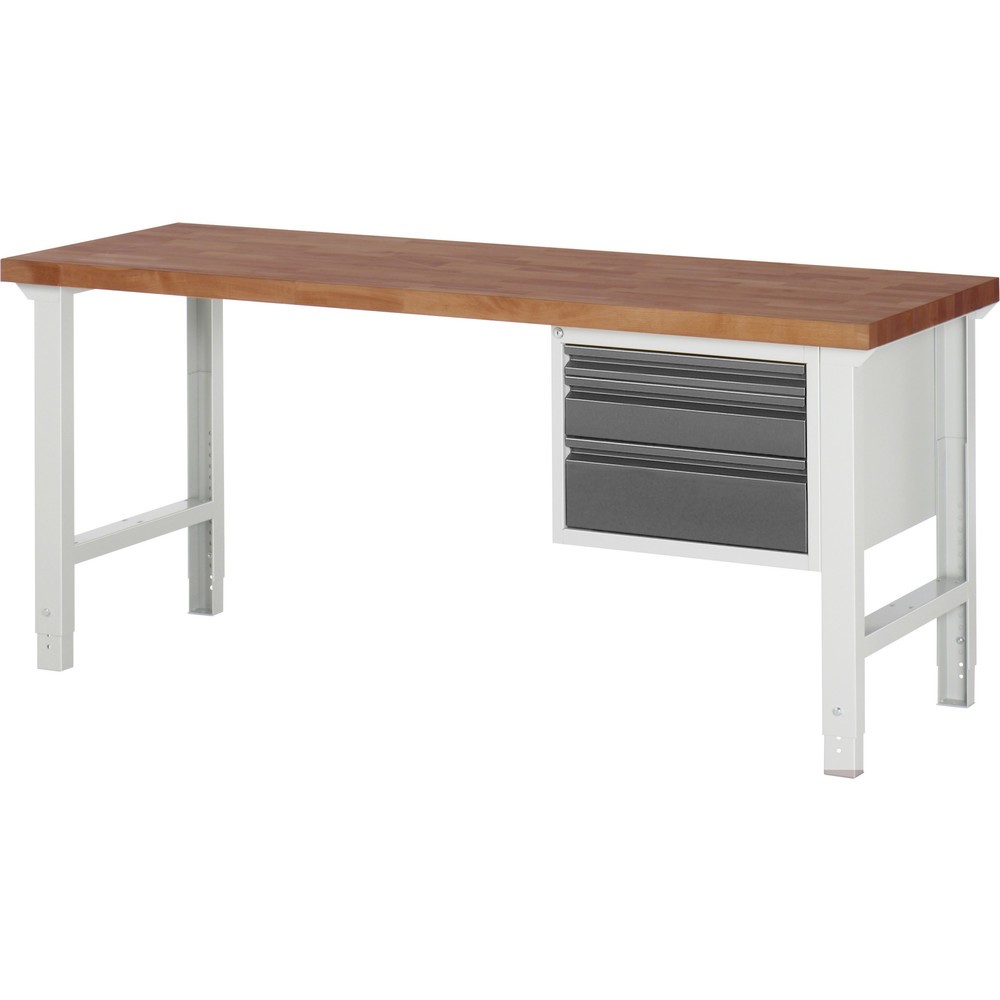 RAU Werkbank Serie 7000, Rotbuche-Massiv-Arbeitsplatte, 1 Container, HxBxT 790-1.140 x 2.000 x 700 mm, 3 Schubladen 1 x 60 mm, 1 x 120 mm, 1 x 180 mm