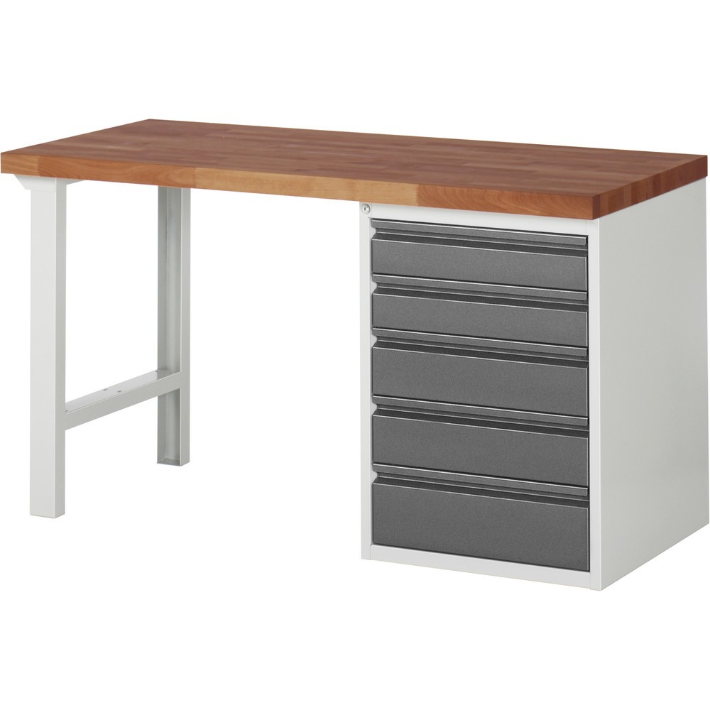 RAU Werkbank Serie 7000, Rotbuche-Massiv-Arbeitsplatte, 1 Container, HxBxT 890 x 1.500 x 700 mm, 5 Schubladen 2 x 120 mm, 2 x 150 mm, 1 x 180 mm