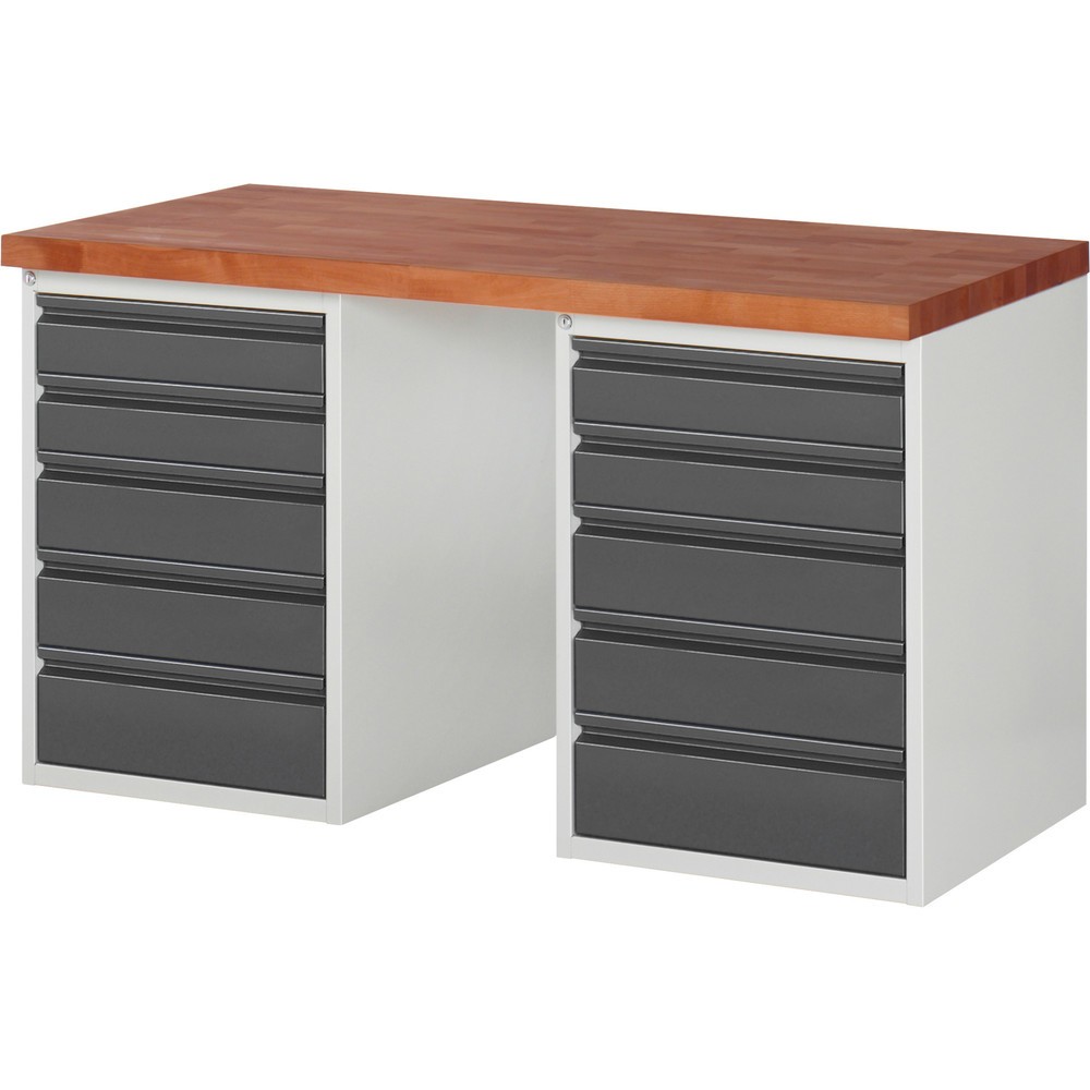 RAU Werkbank Serie 7000, Rotbuche-Massiv-Arbeitsplatte, 2 Container, HxBxT 890 x 1.500 x 700 mm, 10 Schubladen 4 x 120 mm, 4 x 150 mm, 2 x 180 mm