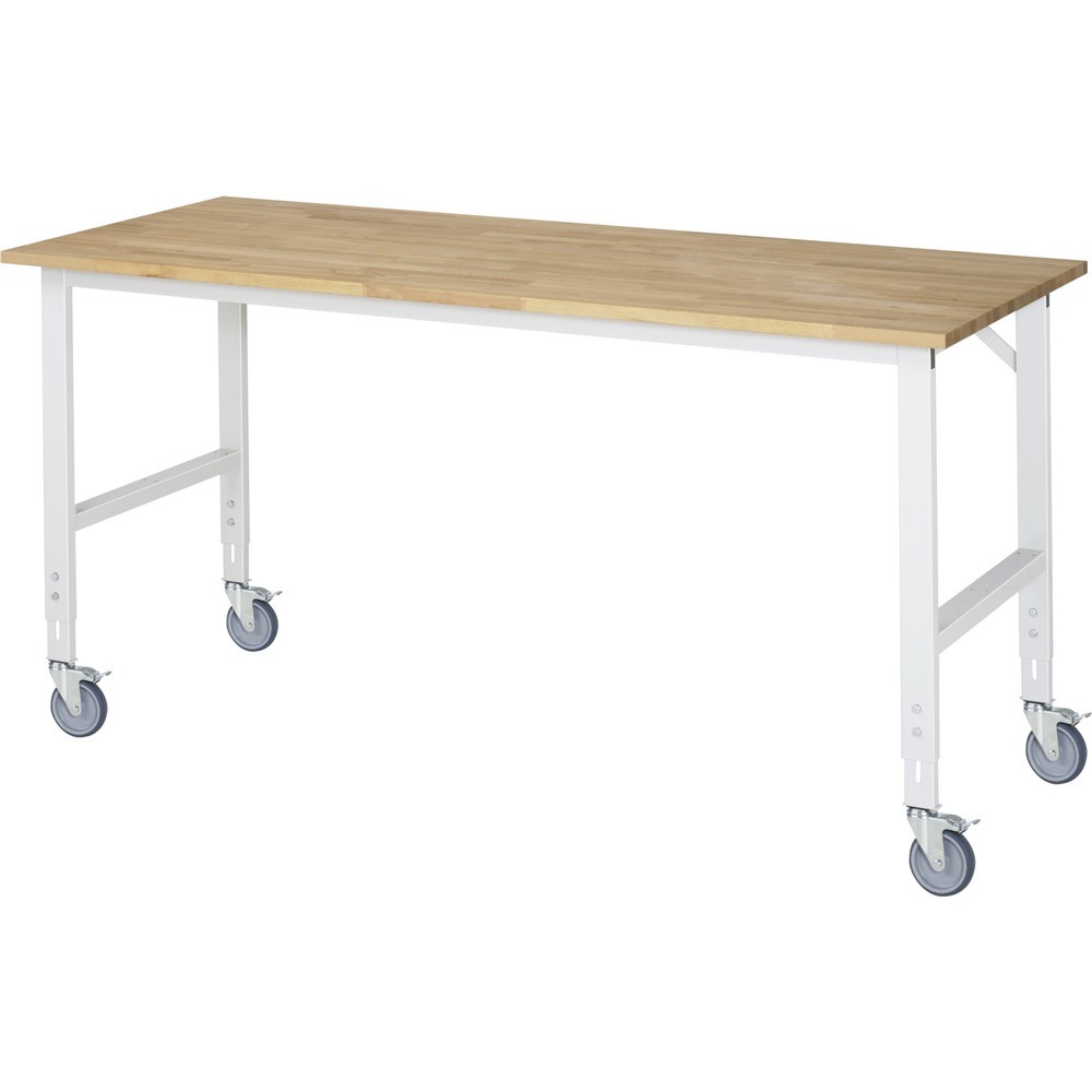 RAU höhenverstellbarer, mobiler Werktisch Serie TOM, Höhe 910-1.230 mm, BxT 2.000 x 800 mm, Arbeitplatte Buche-Massiv