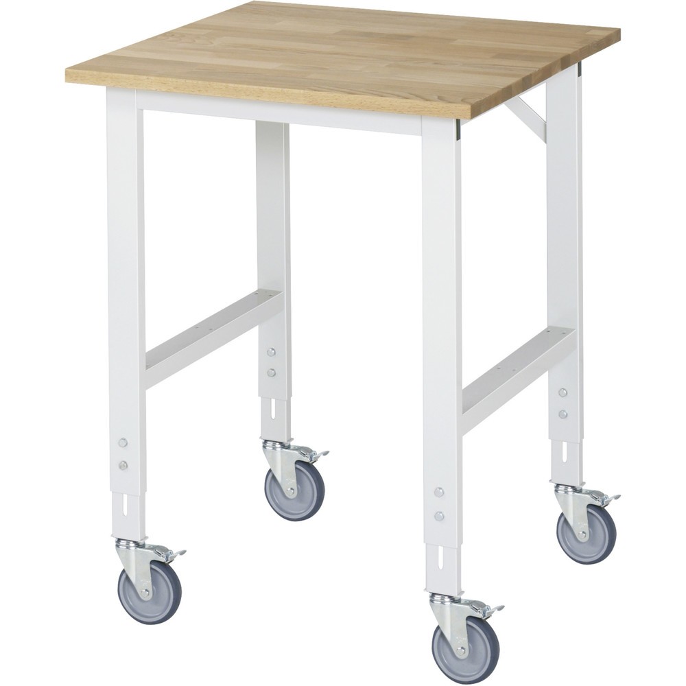 RAU höhenverstellbarer, mobiler Werktisch Serie TOM, Höhe 910-1.230 mm, BxT 750 x 800 mm, Arbeitplatte Buche-Massiv