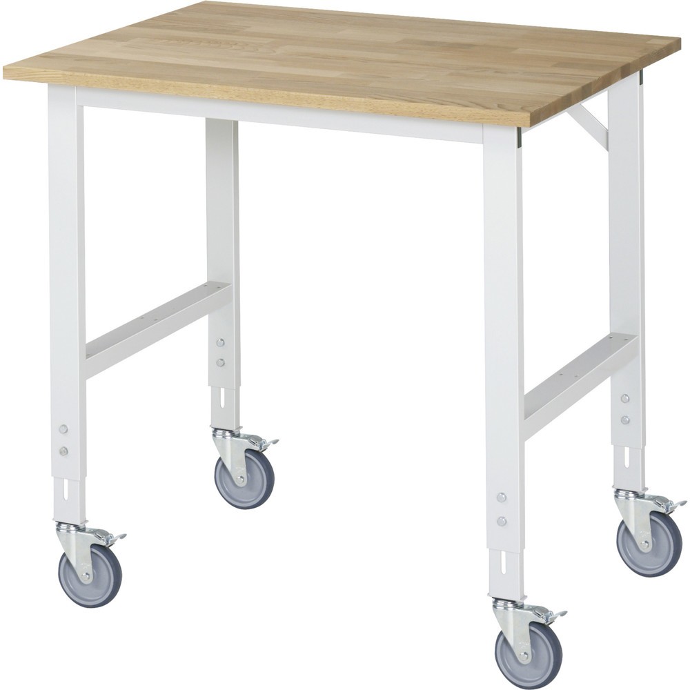 RAU höhenverstellbarer, mobiler Werktisch Serie TOM, Höhe 910-1.230 mm, BxT 1.000 x 800 mm, Arbeitplatte Buche-Massiv