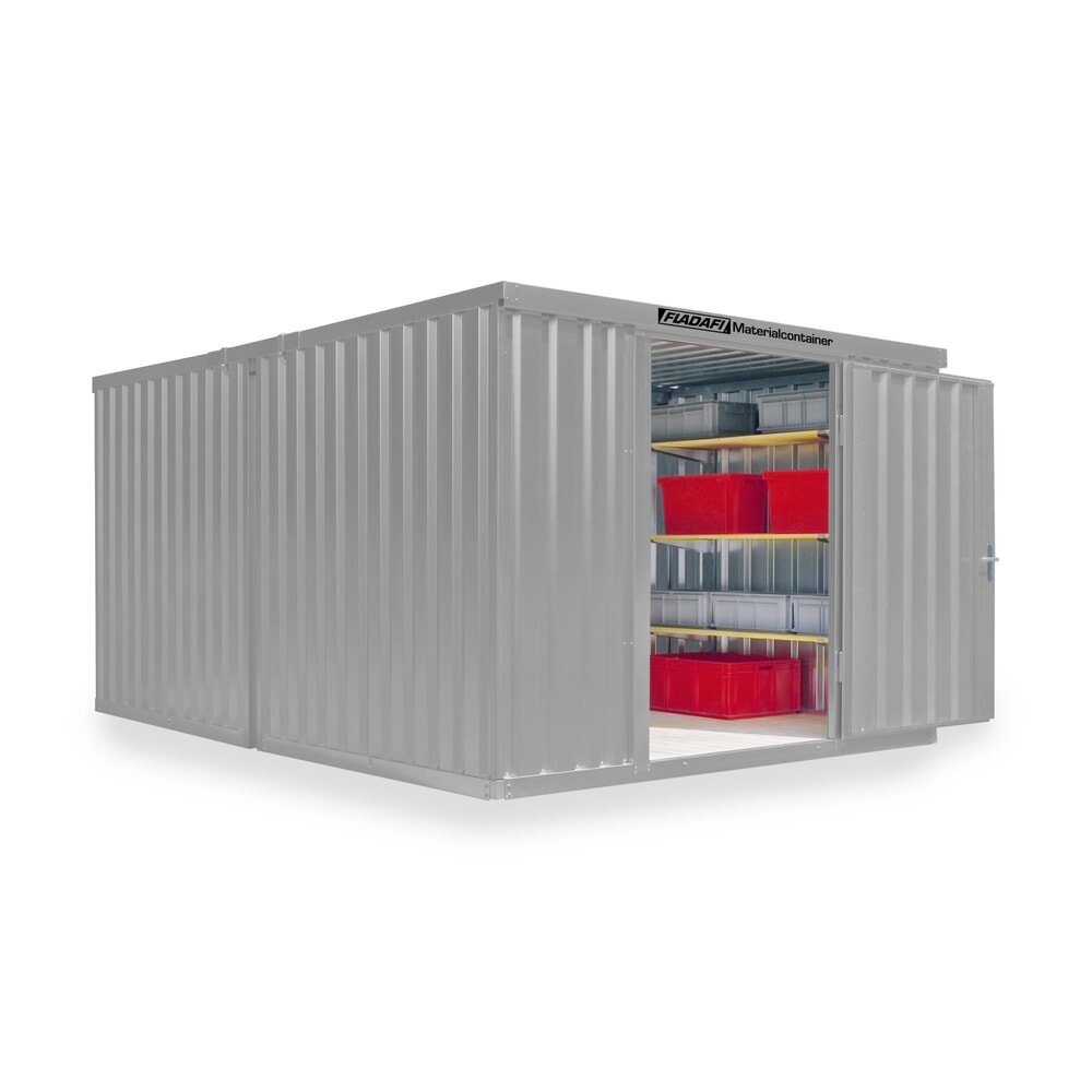 FLADAFI® Materialcontainer Kombination, lackiert, 2 Module, HxBxT 2.150 x 3.050 x 4.340 mm, zerlegt, Holzfußboden, lichtgrau