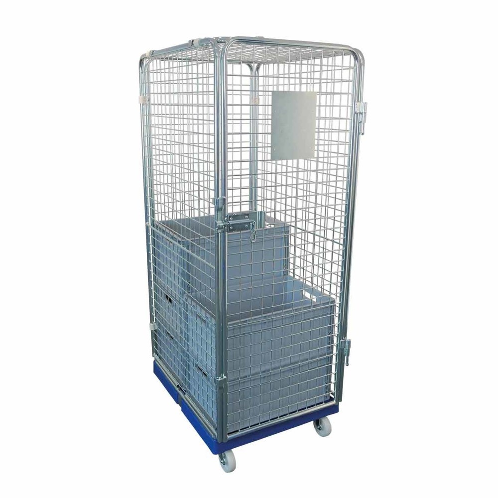 rolltainer® Antidiebstahl Rollbehälter, 5-seitig, Kunststoff-Rollplatte, enzianblau, verzinkte Feingitter-Wände, HxBxT 1.800 x 682 x 870 mm