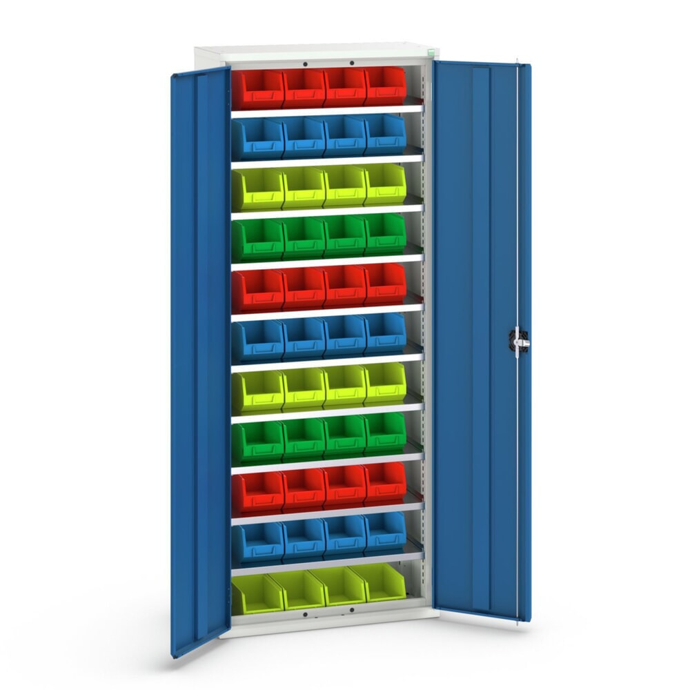 bott verso Magazinschrank, mit 10 Fachböden und 44 Sichtlagerkästen, BxTxH: 800 x 350 x 2000 mm