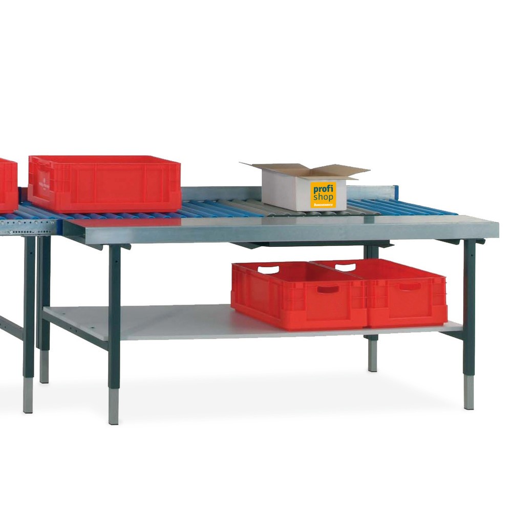 Rocholz Manuell höhenverstellbarer Packtisch SYSTEM 2000, mit Rollenbahn, mit Arbeitsfläche und Waage, HxBxT 690-960 x 1.955 x 920 mm