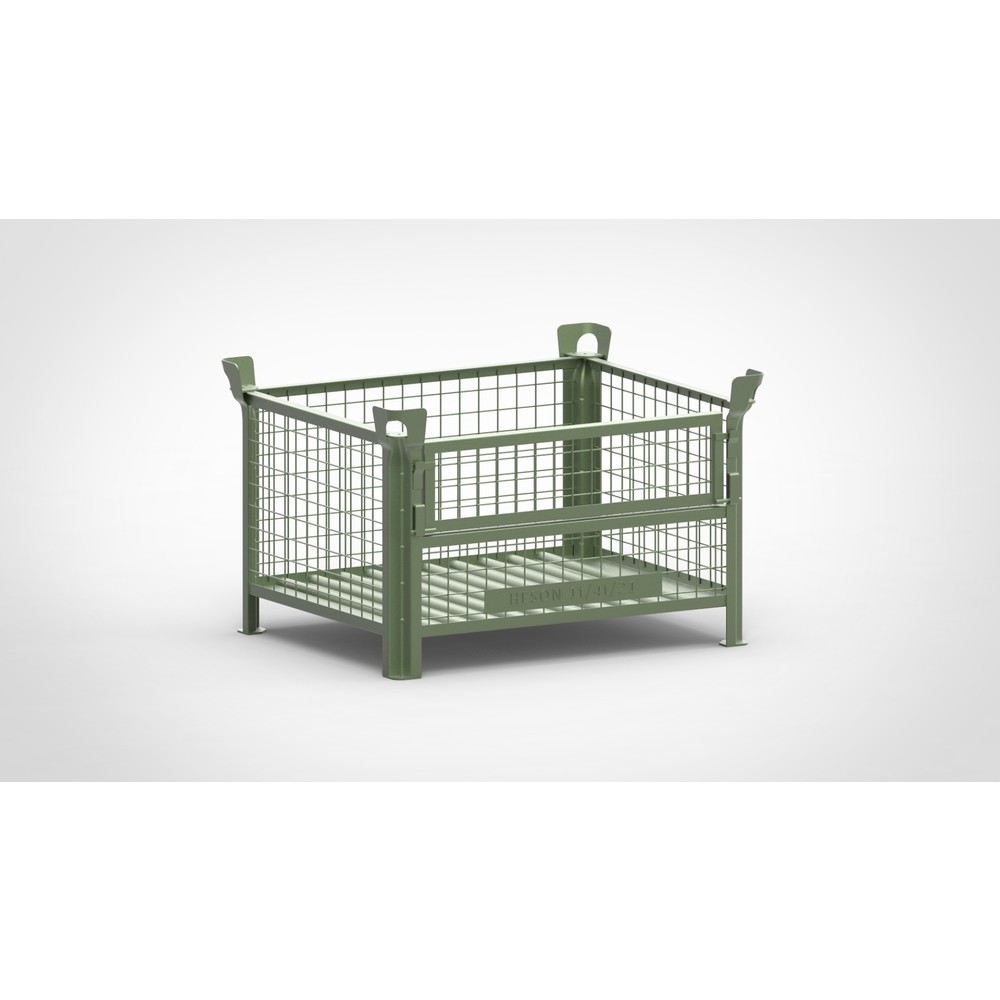 HESON® Industrie-Gitterbox, mit ½ Gitterklappe, lackiert, HxBxT 600 x 1.000 x 800 mm, resedagrün