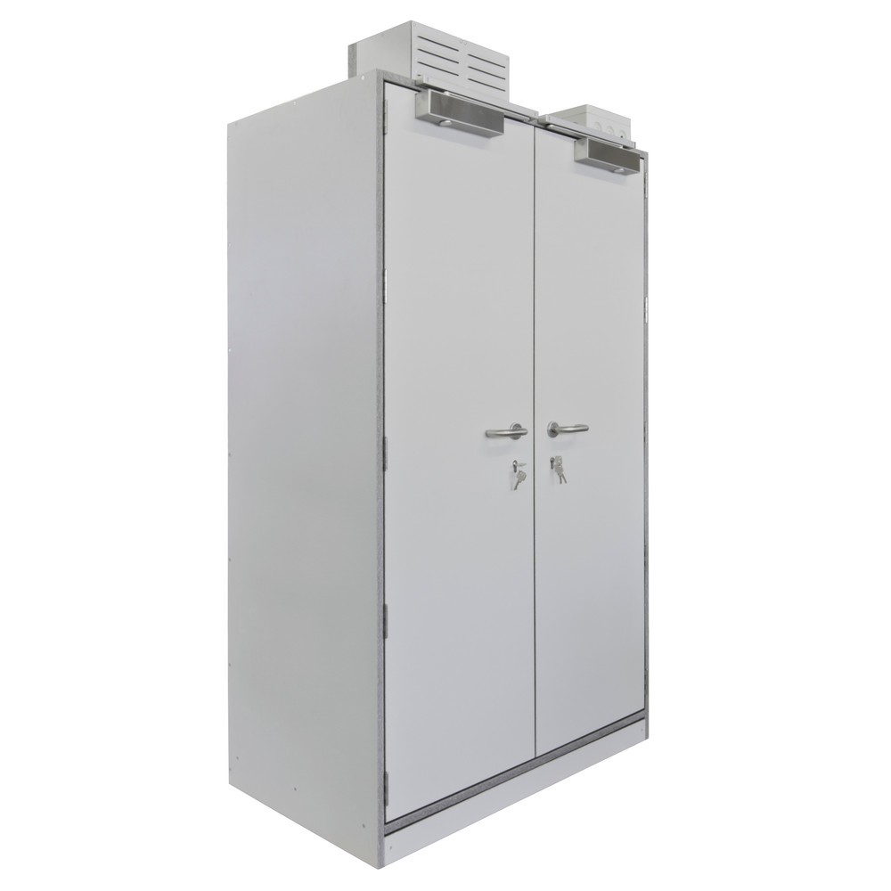 PRIORIT Akku-Sicherheitsschrank für Lithium-Ionen-Batterien PRIOLIN, 4 Gitterrostböden, Bodenwanne, Steuereinheit 230 V / AC, 1x 10 Steckdosen