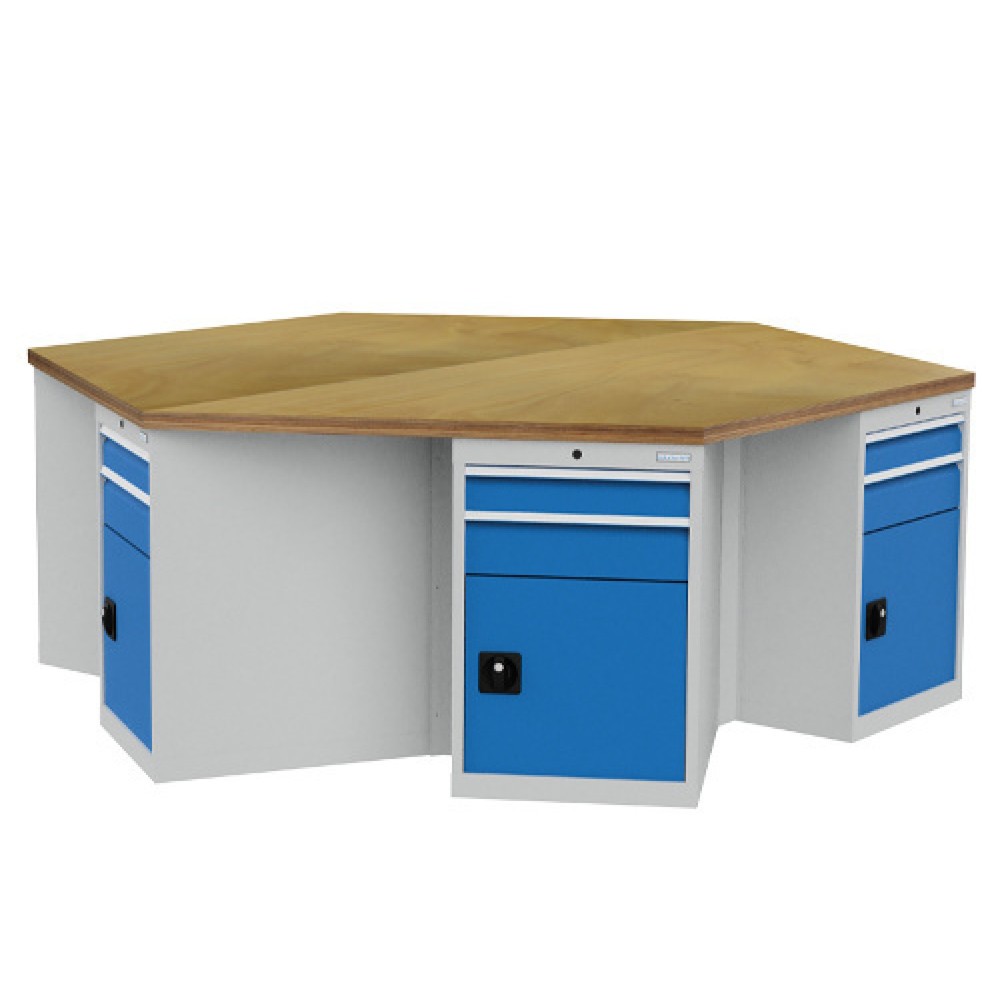 Bedrunka+Hirth Gruppenwerkbank R 18-24, mit 12 Schubladen, HxBxT 859 x 2.500 x 2.165 mm, lichtgrau, lichtblau