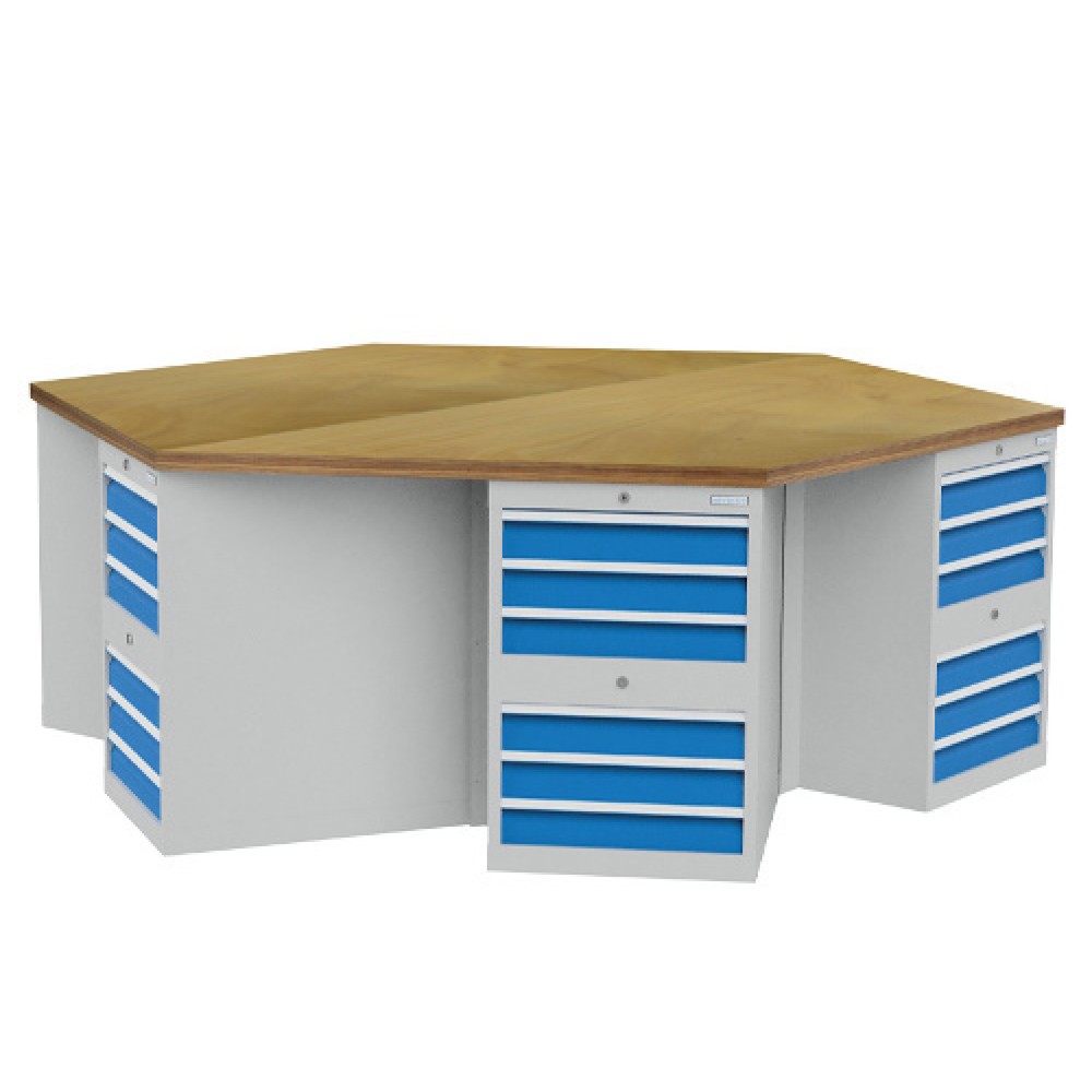 Bedrunka+Hirth Gruppenwerkbank R 18-24, mit 36 Schubladen, HxBxT 859 x 2.500 x 2.165 mm, lichtgrau, lichtblau