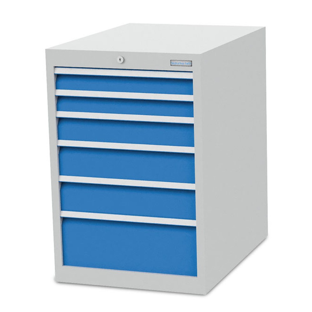 Bedrunka+Hirth Schubladenschrank R 18-24, HxBxT 819 x 555 x 736 mm, lichtgrau, lichtblau, 6 Schubladen 2x75 + 1x100 + 2x125 + 1x200 mm