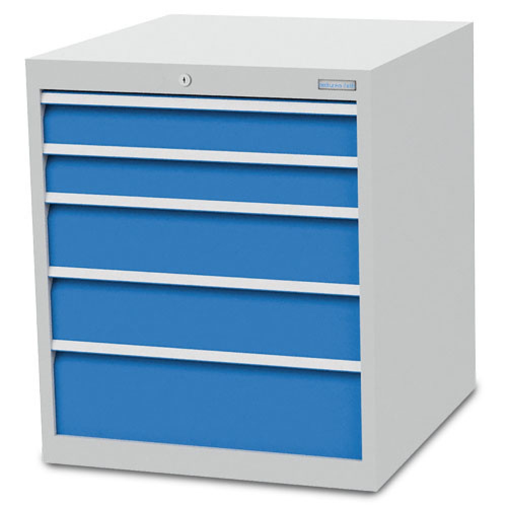 Bedrunka+Hirth Schubladenschrank R 24-24, HxBxT 819 x 705 x 736 mm, lichtgrau, lichtblau, 5 Schubladen 2x100 + 2x150 + 1x200 mm