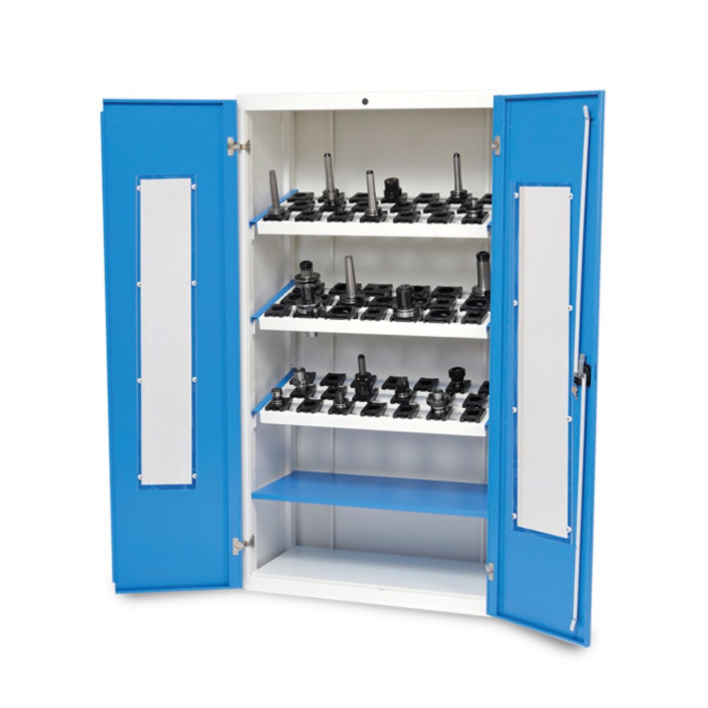 Bedrunka+Hirth CNC-Vitrinenschrank, HxBxT 1.838 x 980 x 500 mm, lichtgrau, lichtblau, mit 3 CNC-Werkzeugaufnahmerahmen, 1 Fachboden