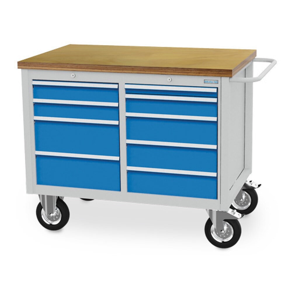 Bedrunka+Hirth Mobile Werkbank R 18-24, HxBxT 995 x 1.250 x 750 mm, lichtgrau, lichtblau, 9 Schubladen 1x50 + 3x100 + 3x150 + 2x200 mm