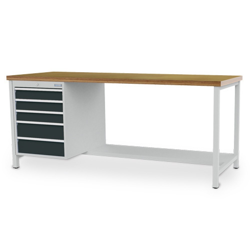 Bedrunka+Hirth Werkbank R 18-24, HxBxT 859 x 2.000 x 750 mm, lichtgrau, anthrazitgrau, 5 Schubladen 3x100 + 2x150 mm