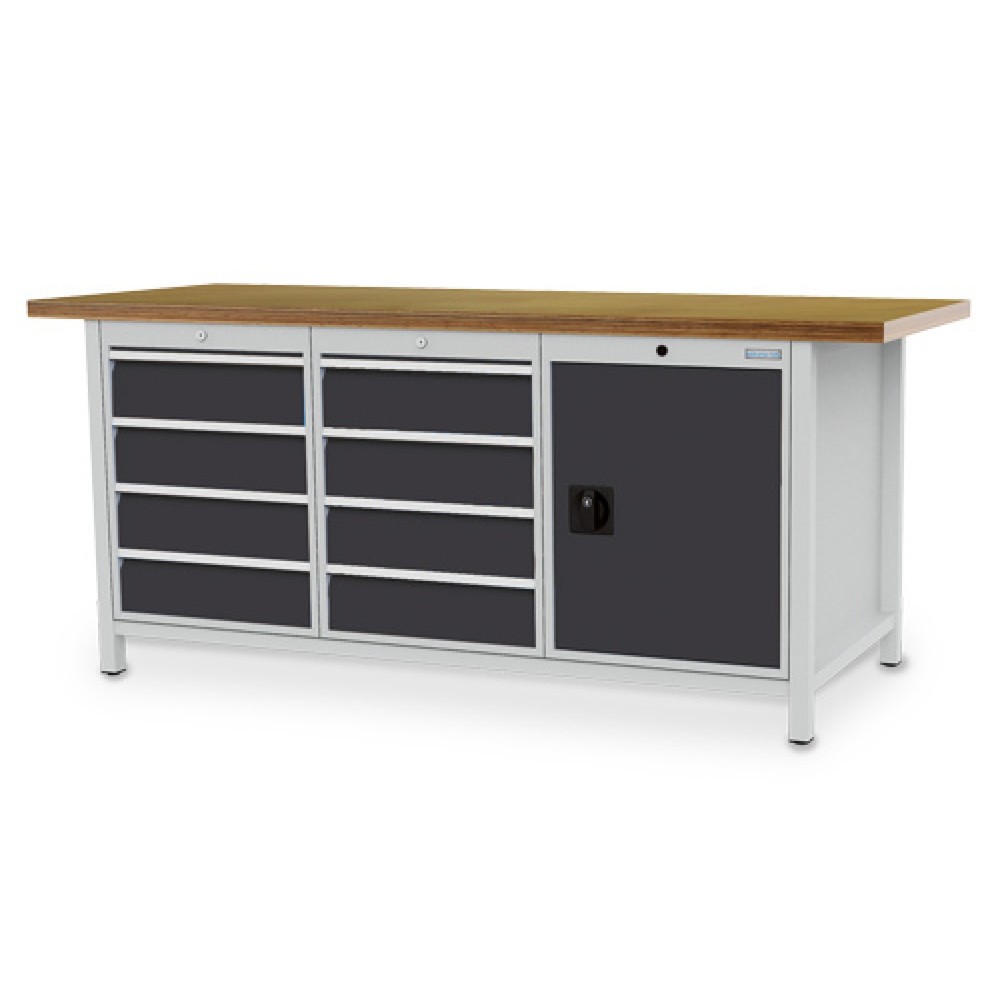 Bedrunka+Hirth Werkbank R 18-24, HxBxT 859 x 2.000 x 750 mm, lichtgrau, anthrazitgrau, 8 Schubladen 8x150 mm, 1 Flügeltür 1x600 mm