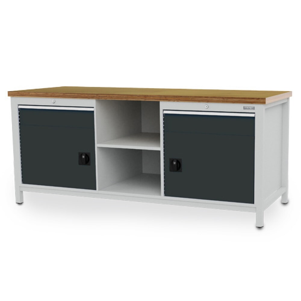 Bedrunka+Hirth Werkbank R 24-24, HxBxT 859 x 2.000 x 750 mm, lichtgrau, anthrazitgrau, 2 Schubladen 2x150 mm, 2 Flügeltüren 2x450 mm