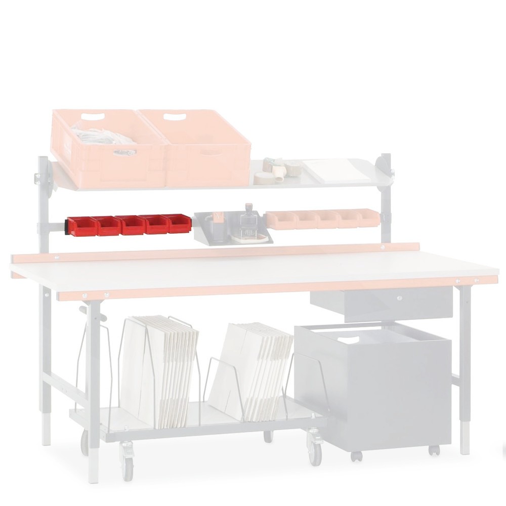 Halteschiene mit Sichtlagerkästen, für Rocholz Packtisch-System, inkl. 5 Kästen