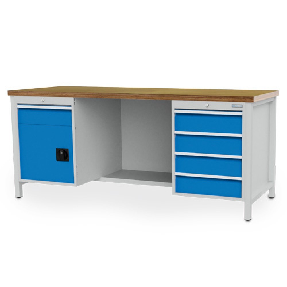 Bedrunka+Hirth Werkbank R 18-24, HxBxT 959 x 2.000 x 750 mm, lichtgrau, lichtblau, 5 Schubladen 5x150 mm, 1 Flügeltür 1x450 mm