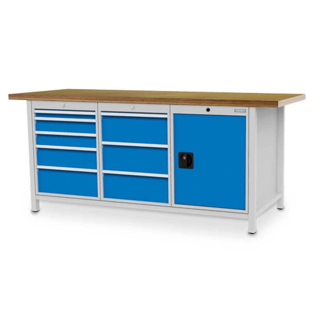 Bedrunka+Hirth Werkbank R 18-24, HxBxT 859 x 2.000 x 750 mm, lichtgrau, lichtblau, 8 Schubladen 1x50 + 2x100 + 1x150 + 4x200 mm, 1 Flügeltür 1x600 mm