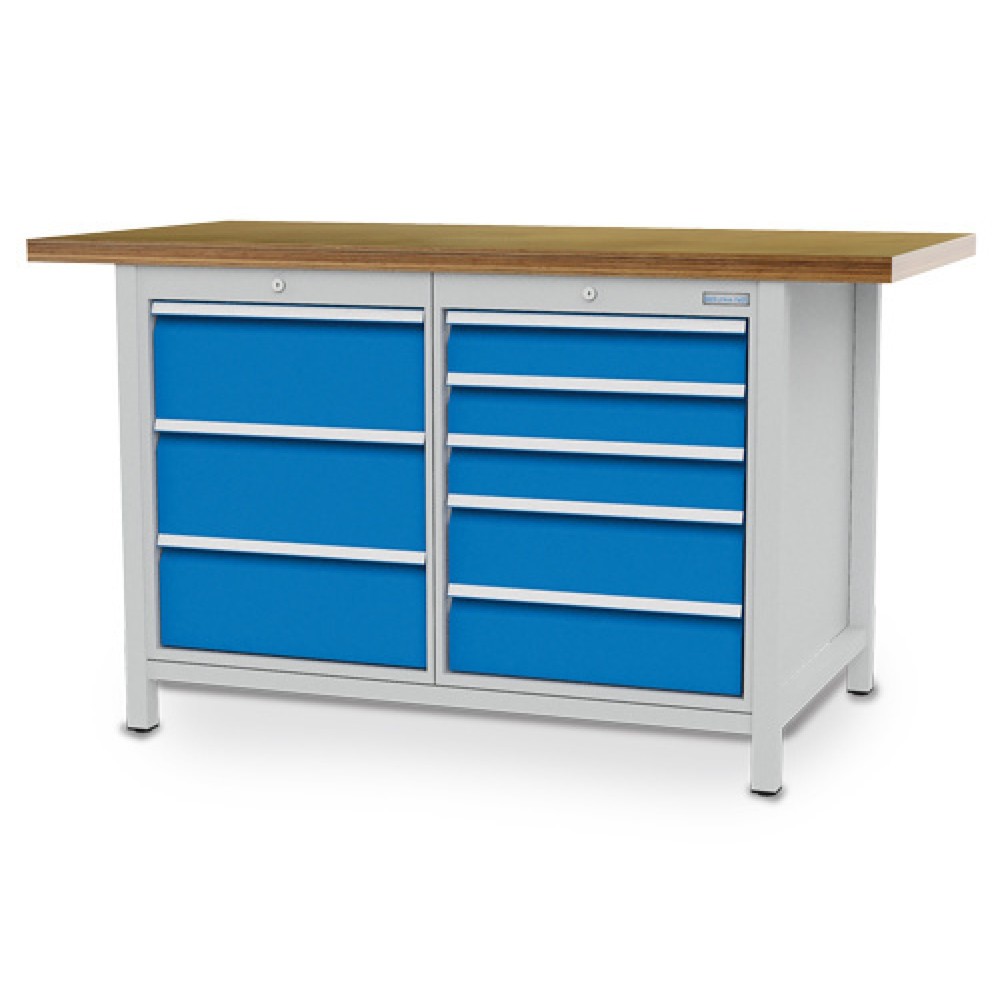 Bedrunka+Hirth Kastenwerkbank R 18-24, HxBxT 859 x 1.500 x 750 mm, lichtgrau, lichtblau, 8 Schubladen 3x200 + 3x100 + 2x150 mm