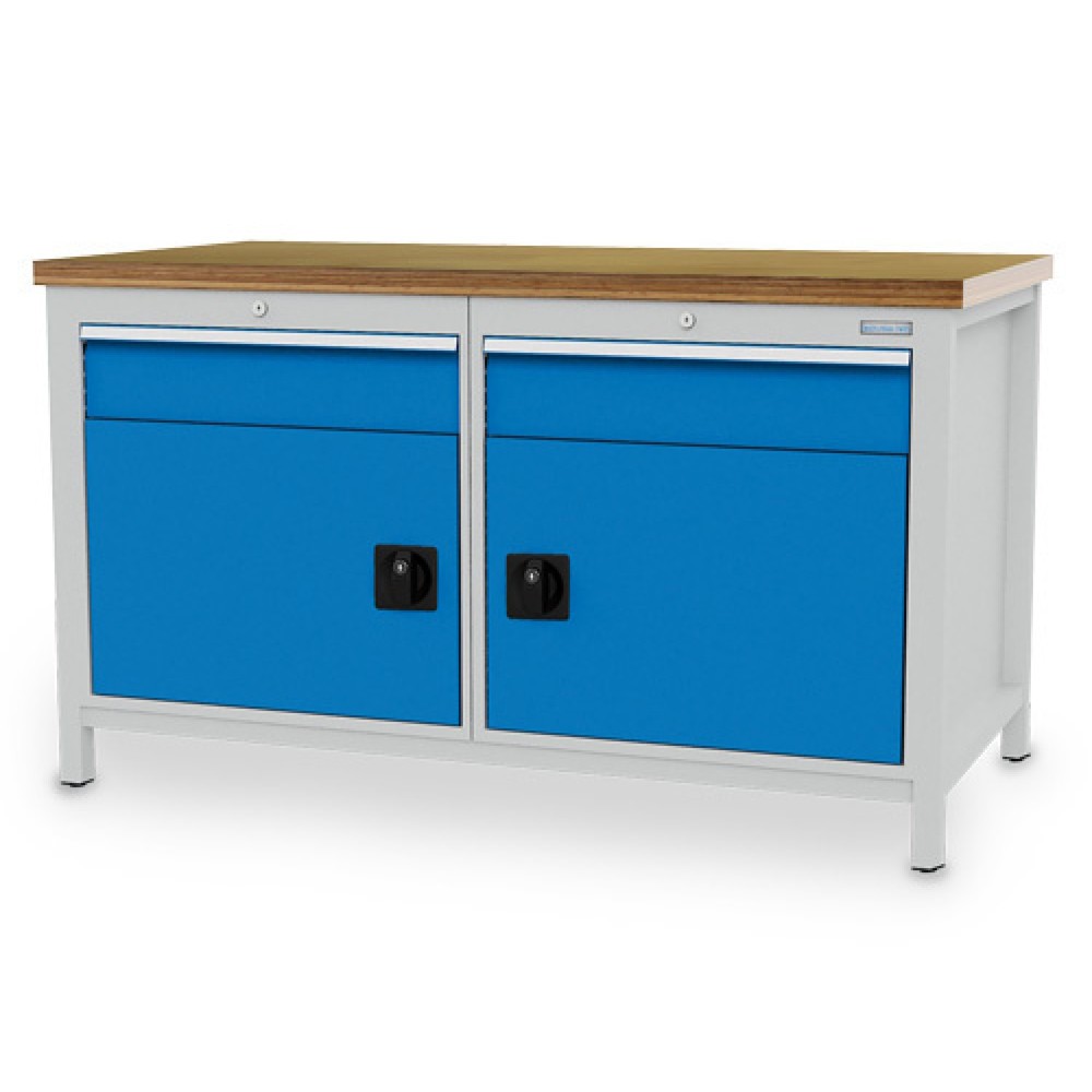 Bedrunka+Hirth Werkbank R 24-24, HxBxT 859 x 1.500 x 750 mm, lichtgrau, lichtblau, 2 Schubladen 2x150 mm, 2 Flügeltüren 2x450 mm