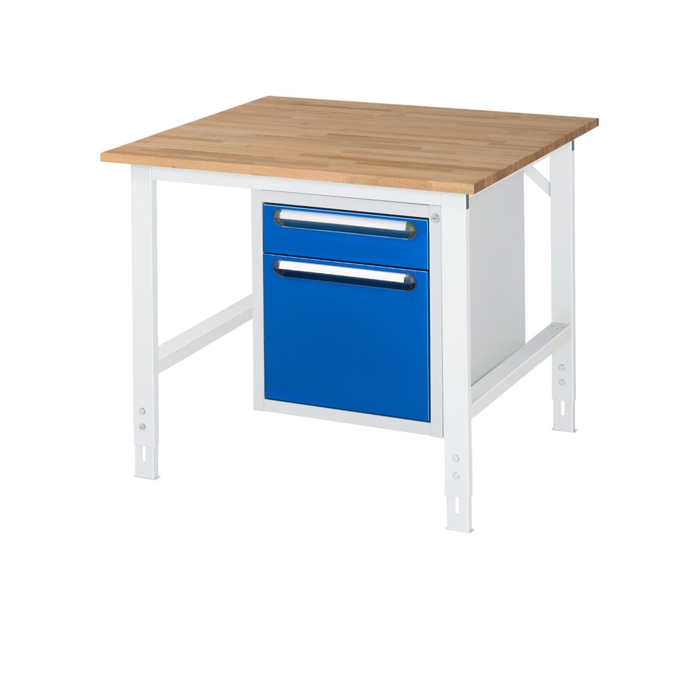 RAU höhenverstellbarer Werktisch Serie TOM, HxBxT 760-1.080 x 1.000 x 1.000 mm, 2 Schubladen, Arbeitsplatte Buche-Massiv