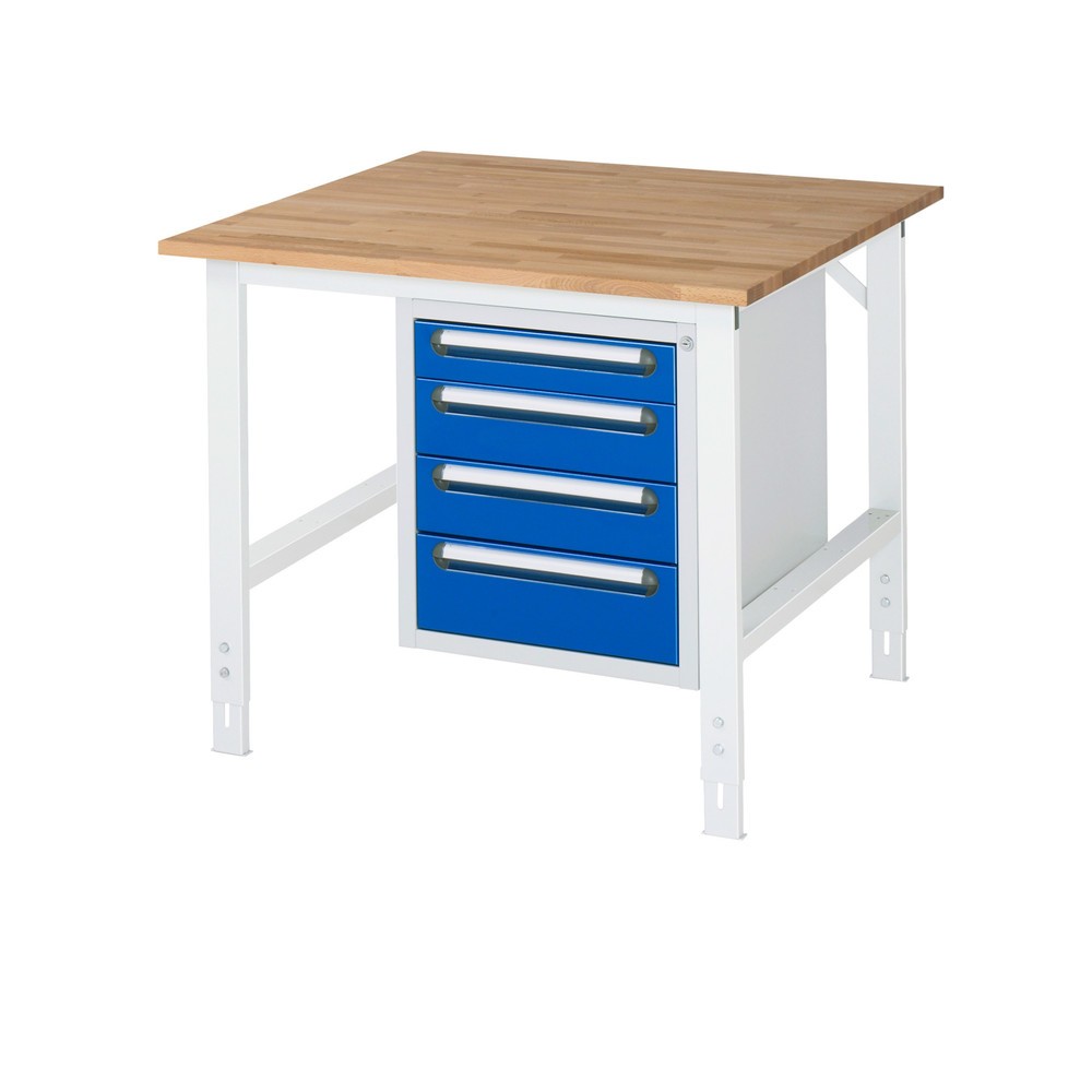 RAU höhenverstellbarer Werktisch Serie TOM, HxBxT 760-1.080 x 1.000 x 1.000 mm, 4 Schubladen, Arbeitsplatte Buche-Massiv