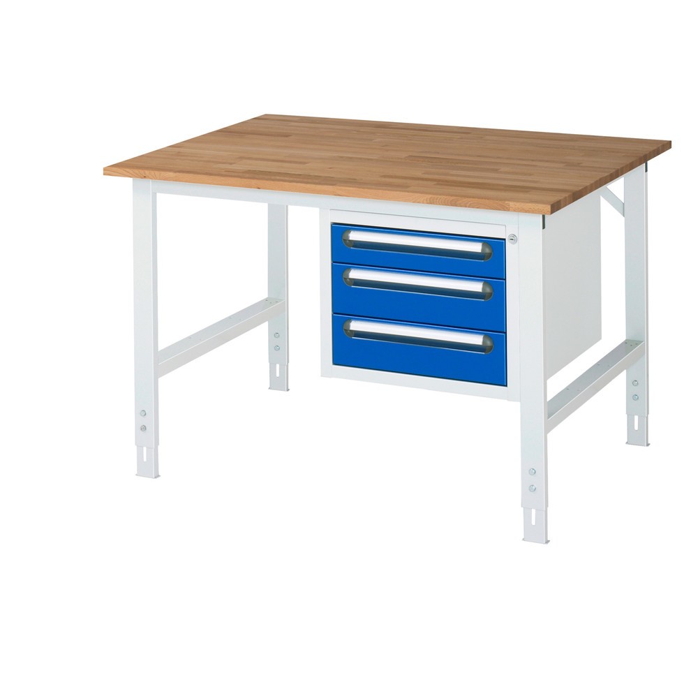 RAU höhenverstellbarer Werktisch Serie TOM, HxBxT 760-1.080 x 1.250 x 1.000 mm, 3 Schubladen, Arbeitsplatte Buche-Massiv