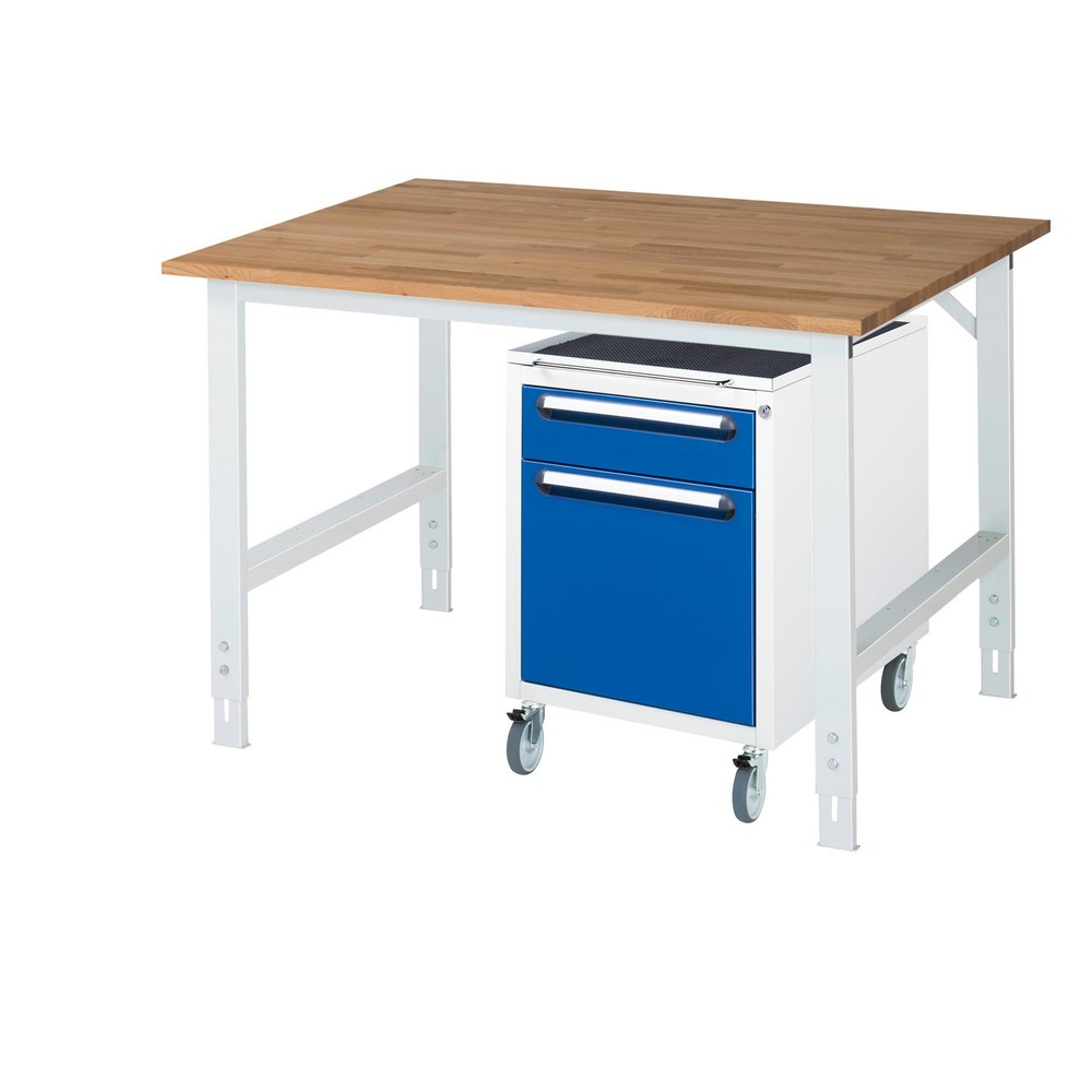 RAU Werkstatt-Set TOM 2-teilig, mit Werktisch, HxBxT 760-1.080 x 1.250 x 1.000 mm, Arbeitsplatte Buche-Massiv, zzgl. Roll-Container mit 2 Schubladen, HxBxT 690 x 480 x 600 mm