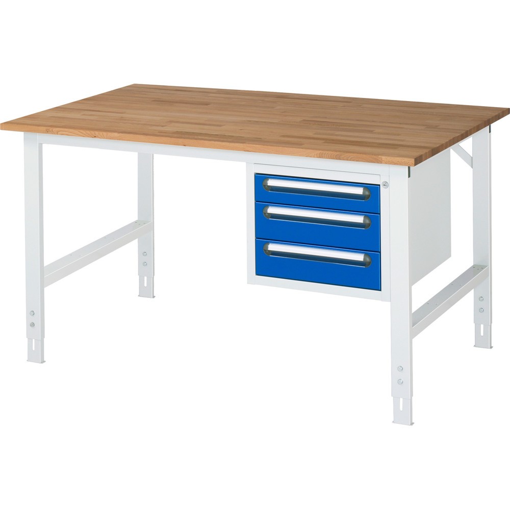 RAU höhenverstellbarer Werktisch Serie TOM, HxBxT 760-1.080 x 1.500 x 1.000 mm, 3 Schubladen, Arbeitsplatte Buche-Massiv