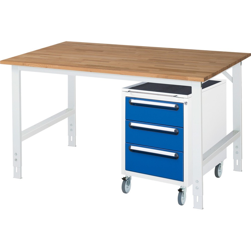 RAU Werkstatt-Set TOM 2-teilig, mit Werktisch, HxBxT 760-1.080 x 1.500 x 1.000 mm, Arbeitsplatte Buche-Massiv, zzgl. Roll-Container mit 3 Schubladen, HxBxT 690 x 480 x 600 mm