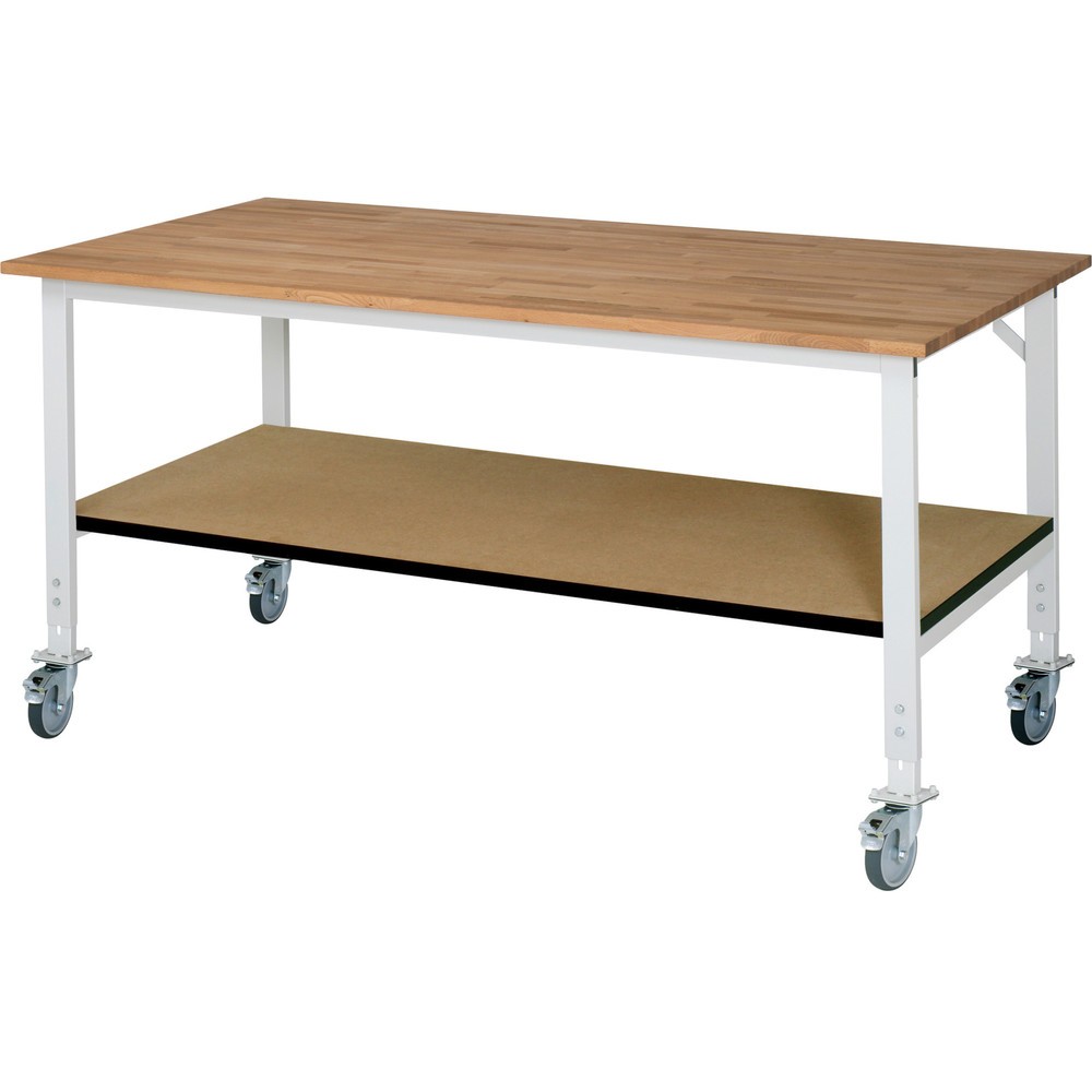 RAU höhenverstellbarer, mobiler Werktisch Serie TOM, HxBxT 910-1.230 x 2.000 x 1.000 mm, Arbeitsplatte Buche-Massiv