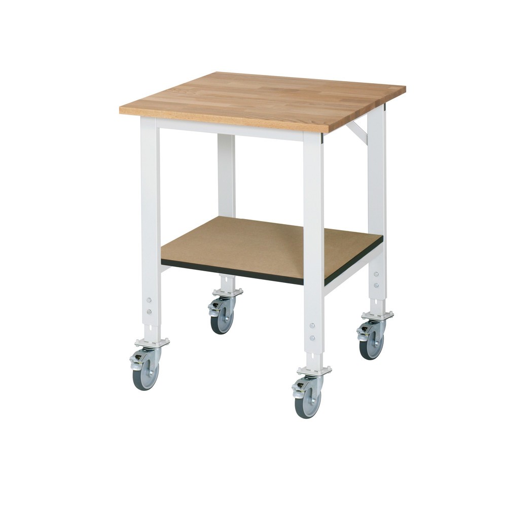 RAU höhenverstellbarer, mobiler Werktisch Serie TOM, HxBxT 910-1.230 x 750 x 800 mm, Arbeitsplatte Buche-Massiv