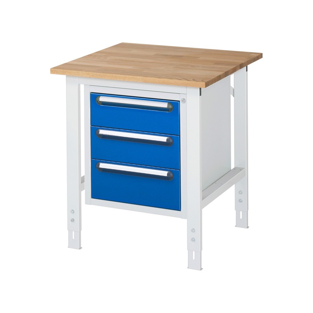 RAU höhenverstellbarer Werktisch Serie TOM, HxBxT 760-1.080 x 750 x 800 mm, 3 Schubladen, Arbeitsplatte Buche-Massiv