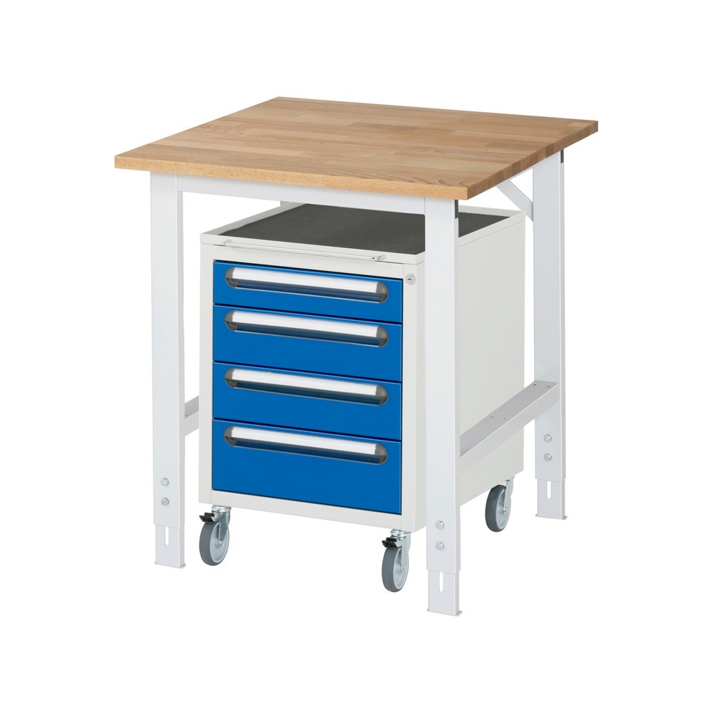 RAU Werkstatt-Set TOM 2-teilig, mit Werktisch, HxBxT 760-1.080 x 750 x 800 mm, Arbeitsplatte Buche-Massiv, zzgl. Roll-Container mit 3 Schubladen, HxBxT 690 x 480 x 600 mm