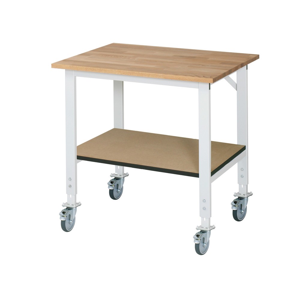 RAU höhenverstellbarer, mobiler Werktisch Serie TOM mit Ablageboden, HxBxT 910-1.230 x 1.000 x 800 mm, Arbeitsplatte Buche-Massiv