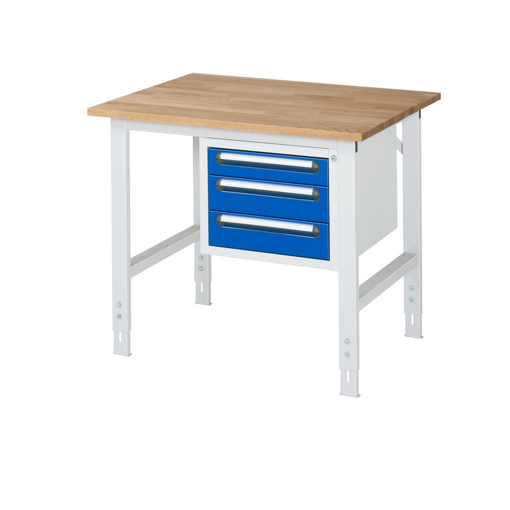 RAU höhenverstellbarer Werktisch Serie TOM, HxBxT 760-1.080 x 1.000 x 800 mm, 3 Schubladen, Arbeitsplatte Buche-Massiv