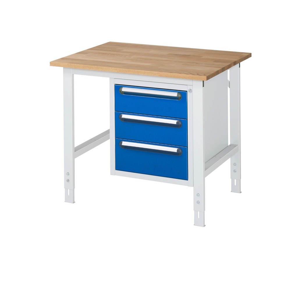 RAU höhenverstellbarer Werktisch Serie TOM, HxBxT 760-1.080 x 1.000 x 800 mm, 3 Schubladen, Arbeitsplatte Buche-Massiv