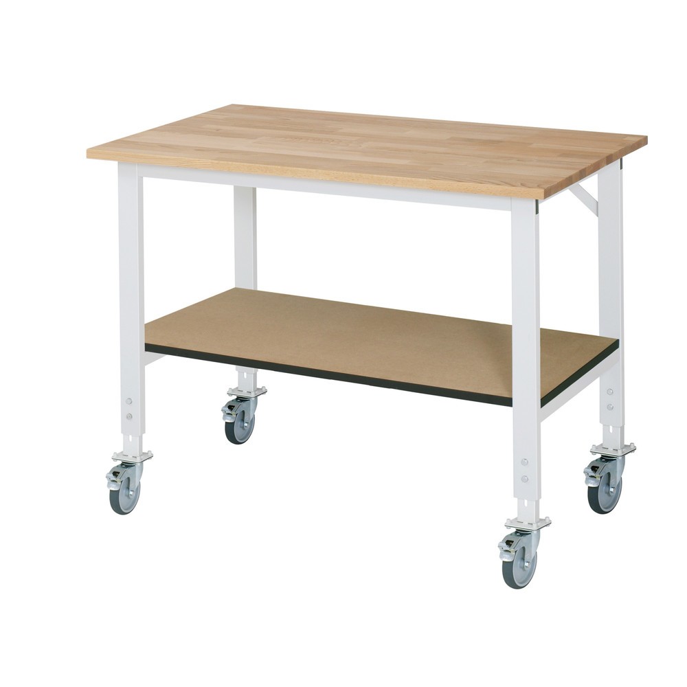 RAU höhenverstellbarer, mobiler Werktisch Serie TOM, HxBxT 910-1.230 x 1.250 x 800 mm, Arbeitsplatte Buche-Massiv