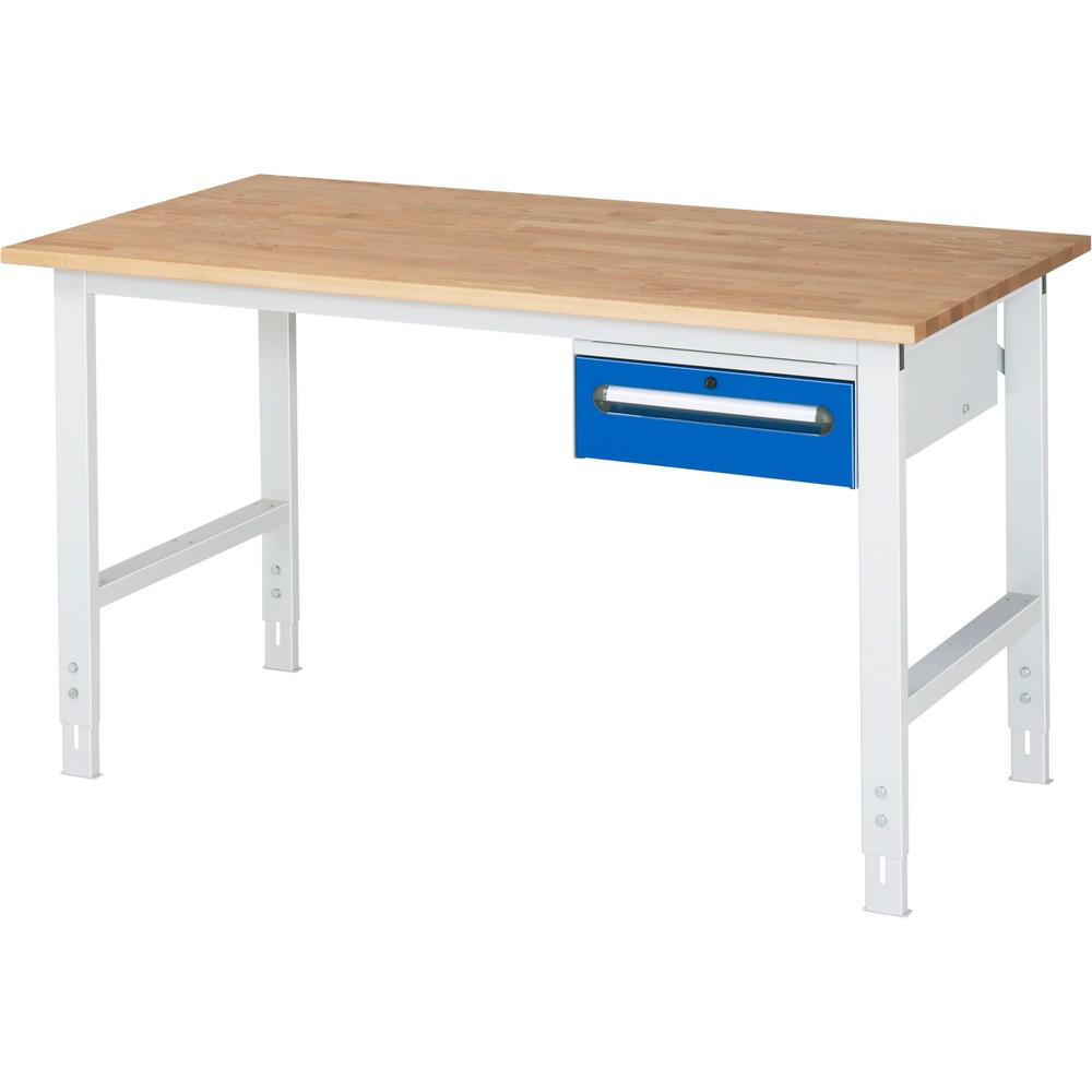 RAU höhenverstellbarer Werktisch Serie TOM, HxBxT 760-1.080 x 1.500 x 800 mm, 1 Schublade, Arbeitsplatte Buche-Massiv