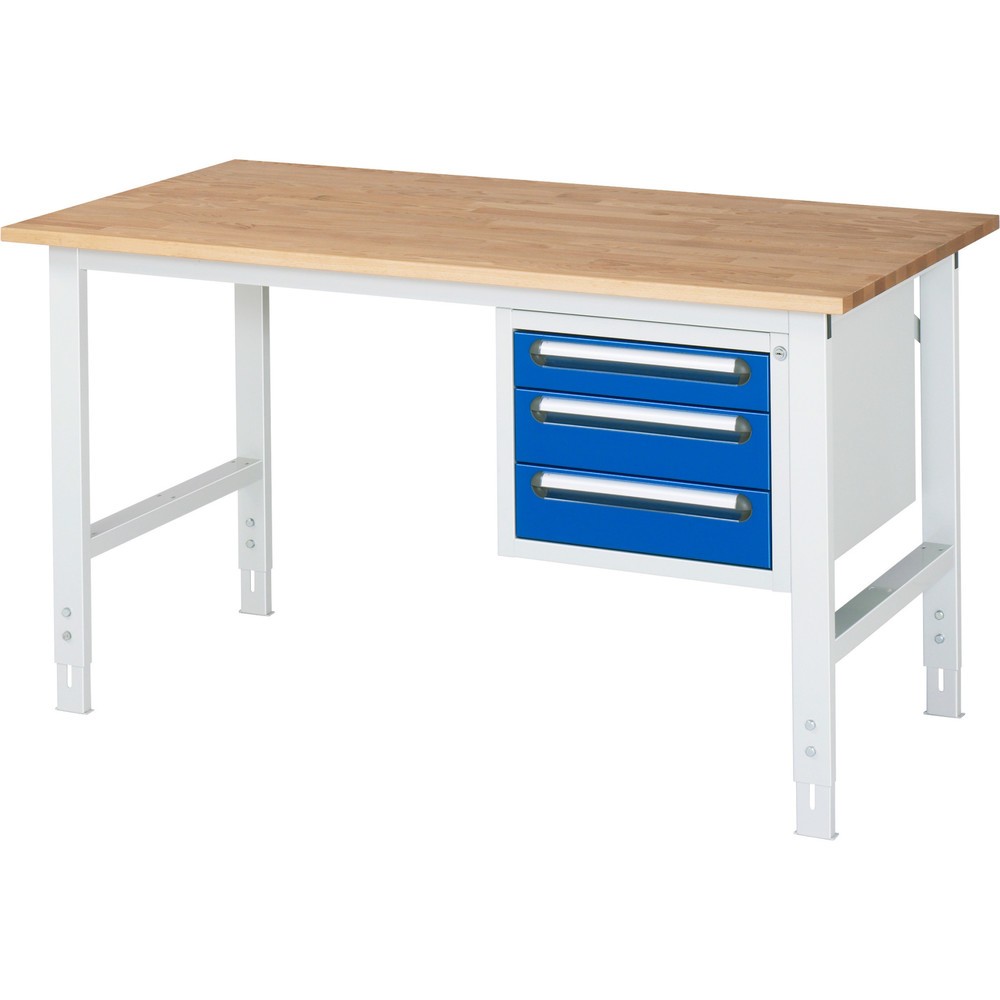 RAU höhenverstellbarer Werktisch Serie TOM, HxBxT 760-1.080 x 1.500 x 800 mm, 3 Schubladen, Arbeitsplatte Buche-Massiv