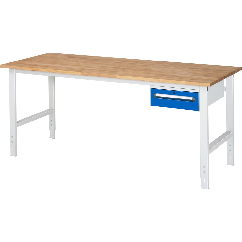 RAU höhenverstellbarer Werktisch Serie TOM, HxBxT 760-1.080 x 2.500 x 800 mm, 2 Schubladen, Arbeitsplatte Buche-Massiv